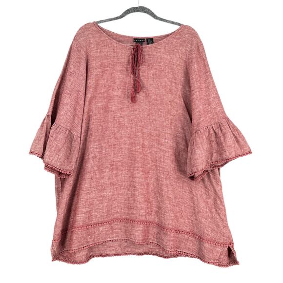 TAHARI Reddish Pink Linen Tassel Pom‎ Pom Bell Sleeve Boho Tunic Blouse 2X - Picture 1 of 6